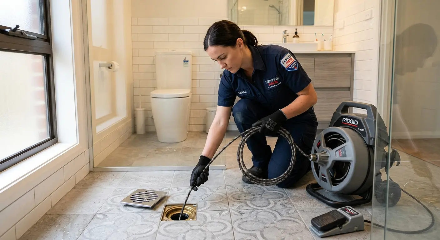 Technician clearing a bathroom floor drain for Sewer Line Replacement in Gilroy